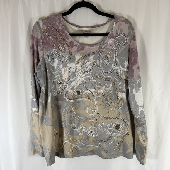 Chico's Blouse Women's Large Pink Purple Floral Beaded Round Neck Cotton Blend - Picture 1 of 12